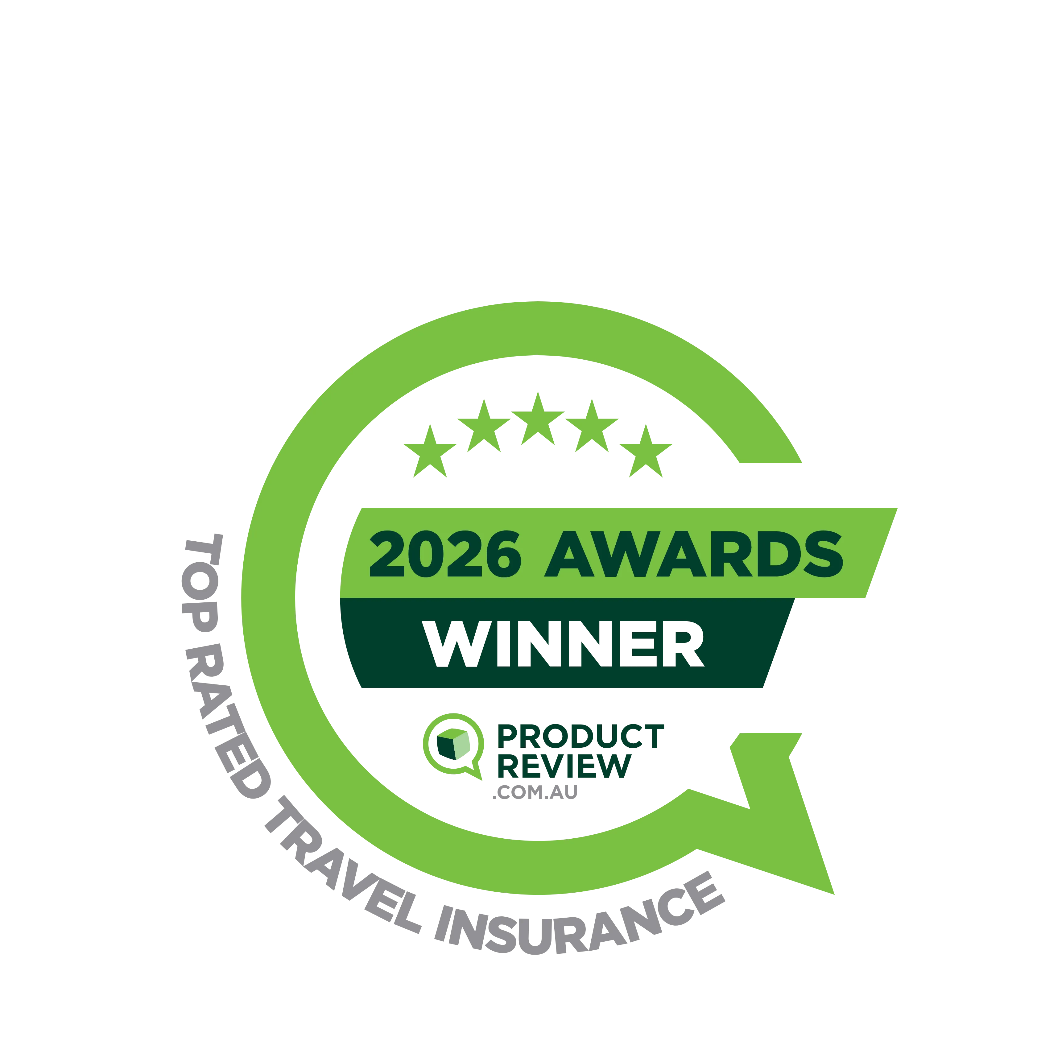 InsureandGo Australia ProductReview.com.au 2026 Awards Winner badge for Top Rated Travel Insurance