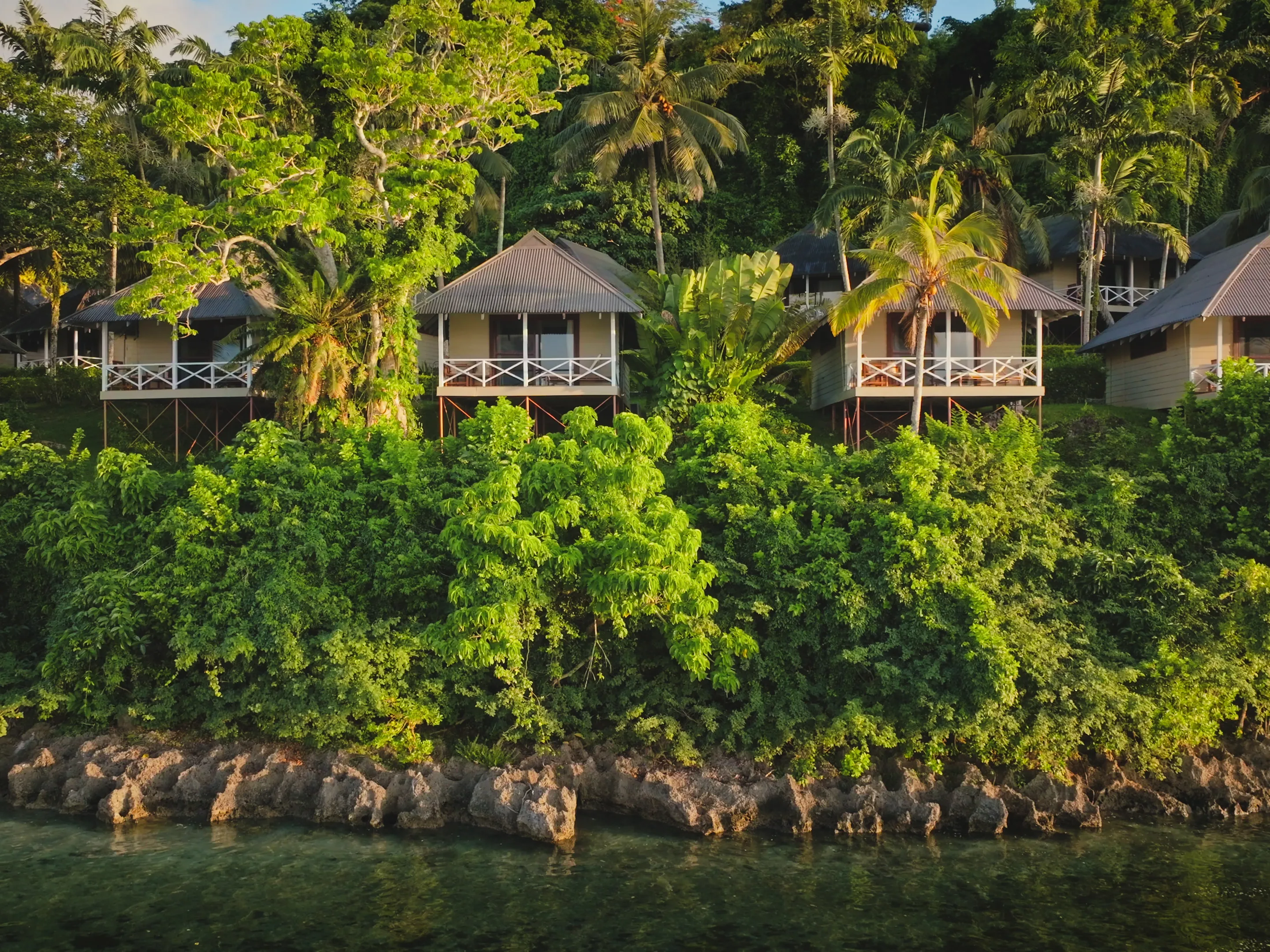 Hillside tropical villas surrounded by rainforest overlooking the coast in Fiji.