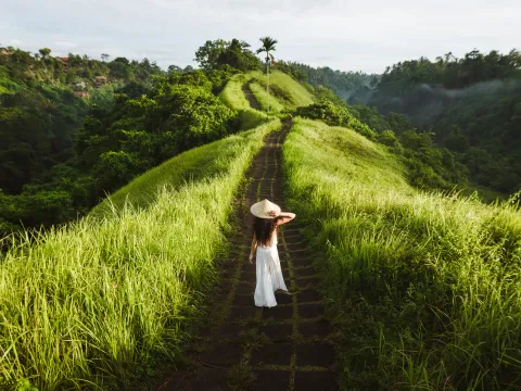 Person walking along a narrow trail through lush green hills and tropical vegetation in Bali