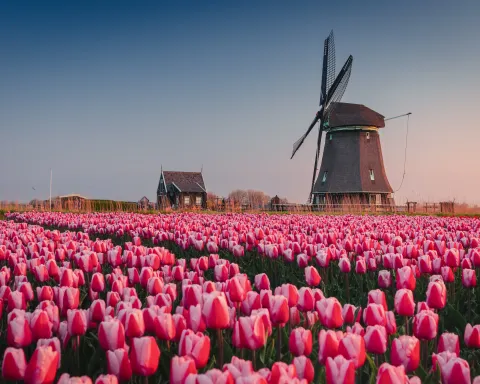 Colourful tulip fields and a traditional Dutch windmill near Amsterdam.