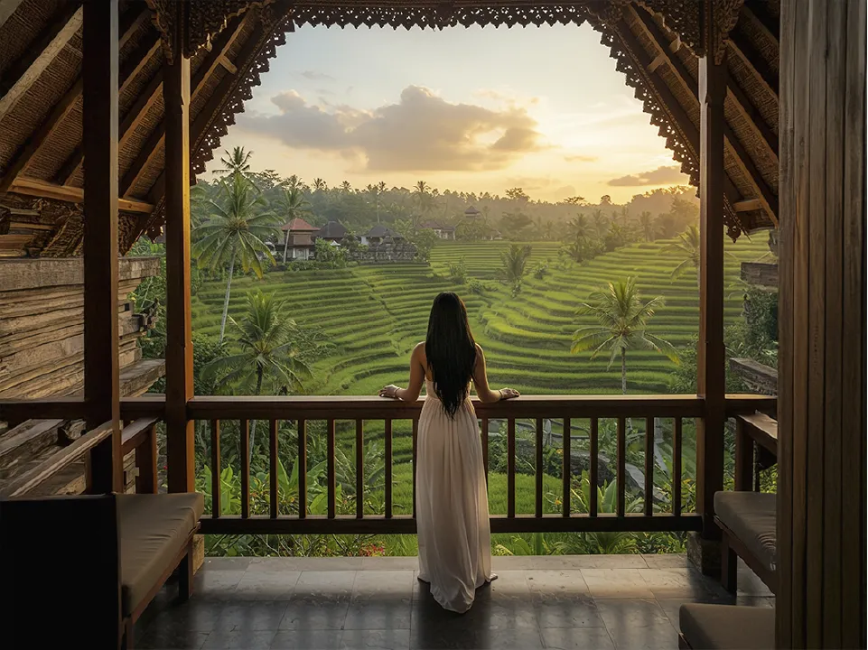 Woman in a white dress stands on a wooden balcony, gazing at lush green rice terraces under a golden sunset sky in Bali, Indonesia