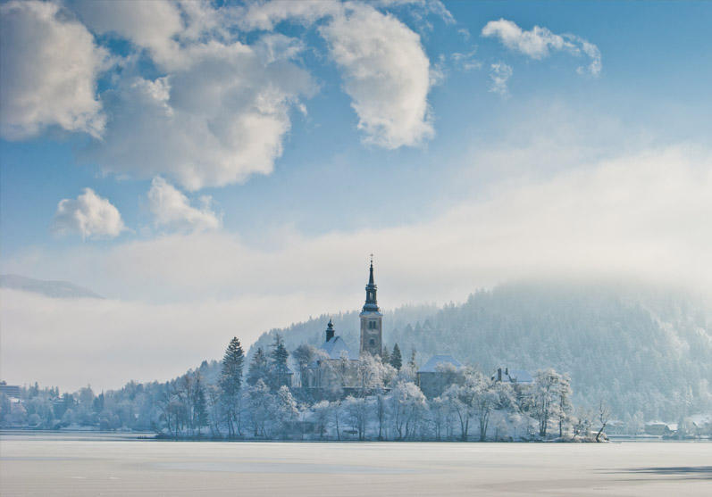 Lake Bled Castle, Slovenia, frozen, europe, winter, snow