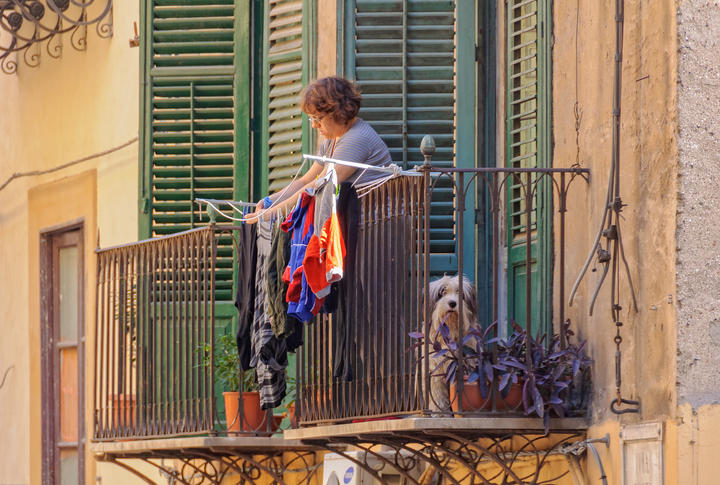 Dog on balcony in Italy